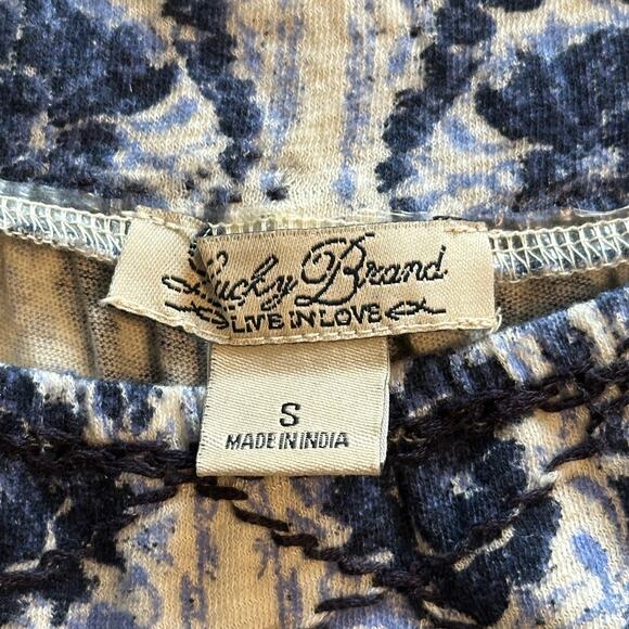 Lucky Brand Boho Top Womens Small Blue & Cream Embroidered Knit Linen Cotton - Picture 4 of 7